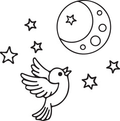 Bird and Moon Line Art Vector, flying bird vector icon.