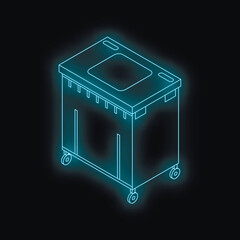 Isometric glowing neon industrial waste container on wheels on black background