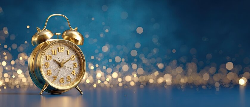 A gleaming gold alarm clock on a blue gradient background with bokeh light particles