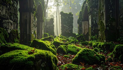 Mystical Ruins - Moss-Covered Stones and Ancient Walls in a Forest Setting.