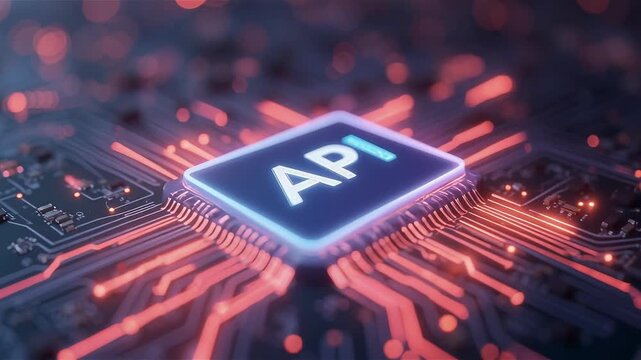 API technology integration concept in circuit board background. Concept of software development and digital innovation 
