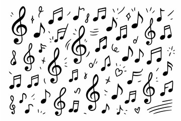 Hand-drawn doodle vector set of music notes and treble clefs created in a fun style, isolated on white background © Creative Lab