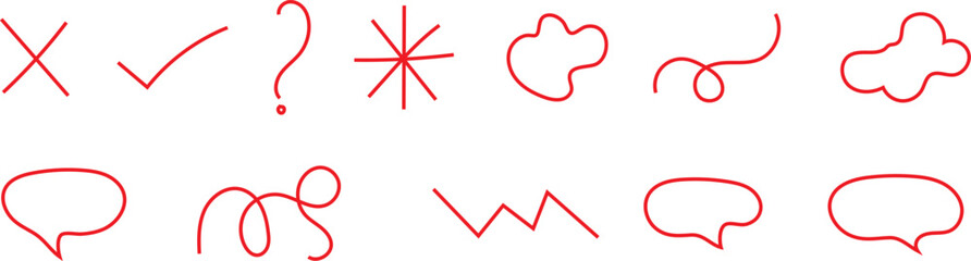 Red hand-drawn sketch symbols and irregular shapes for graphic design elements