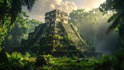 Ancient Mayan Pyramid Temple in Lush Jungle Landscape.