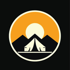 Outdoor adventure camping logo with mountains and sun.