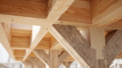 Close-up of wooden timber framing and joinery in a modern architectural structure