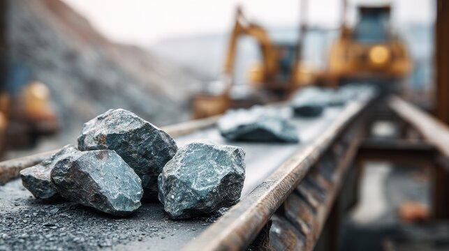 Raw crushed stones on a conveyor belt at a quarry or mine site with blurred heavy machinery in the background