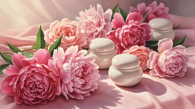 A serene arrangement of pink flowers and white jars on fabric