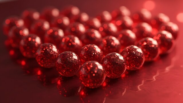 A close-up view of red glittery beads on a reflective surface