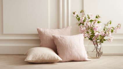 Three linen pillows of varying pink hues rest before a white wall, a floral arrangement beside