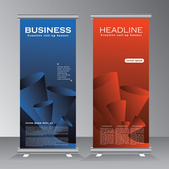 Business roll up banner template design for your event, vertical bannar, modern x-banner with red and blue colour, Bussiness standees banner advertising. roll up vector template,