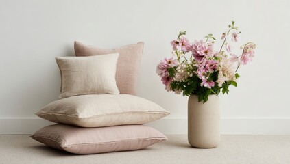Soft pillows stacked near a vase of pink flowers and greenery against a white wall