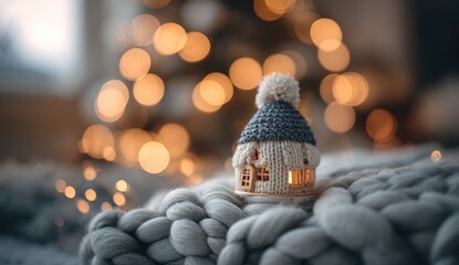 Miniature knitted house with lit windows and pompom hat, on a cozy, blurred background