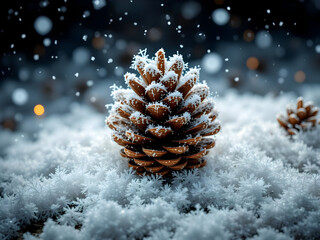 A pinecone covered in snow sits on a snowy ground