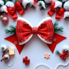 A red bow with white trim is the main focus of the image