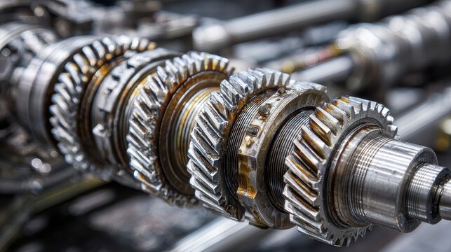 Close-up of a complex mechanical gear system with helical gears and metal shafts in an industrial setting