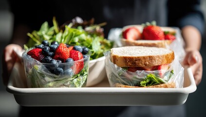 Person carrying a tray of healthy food; a berry salad, sandwiches, and fresh greens