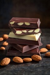 Stack of dark milk and white chocolate bars with almonds on dark background.