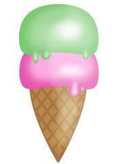 Two scoops ice cream in waffle cone illustration isolated on white background