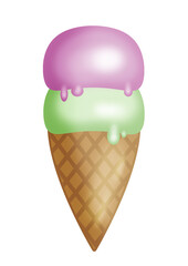 Two scoops ice cream in waffle cone illustration isolated on white background