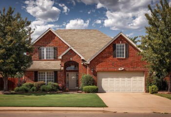 Two-story brick home with a beige roof and a two-car garage under a cloudy sky