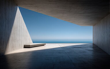 Fototapeta premium Modern architectural space with concrete, large windows, and an ocean view under blue skies
