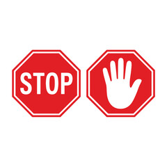 Stop Sign Icon Set with Red Octagon and Hand Symbol for Safety and Traffic Control Vector