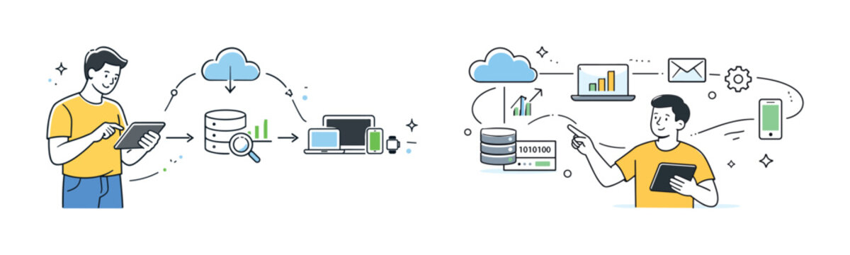 Young caucasian male illustrations with technology devices and cloud data concepts