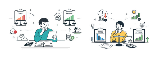 Asian adult male and female analyzing business costs and revenue for financial planning