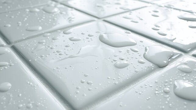 Close-up of fresh water droplets on white glossy ceramic tiles in a bathroom or kitchen