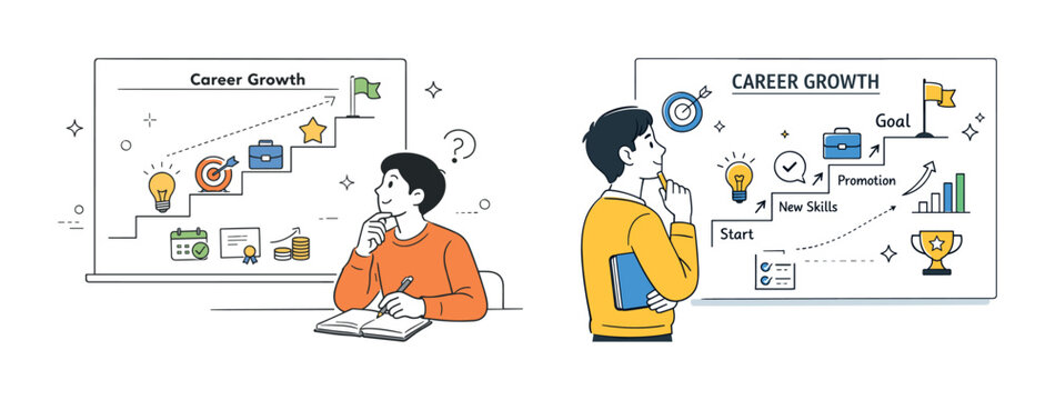 Male adult contemplating career growth path with goals and skills development chart - Powered by Adobe