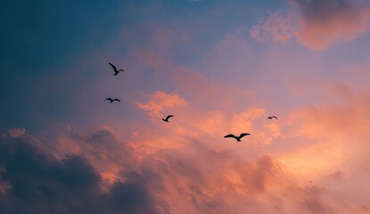 Fototapeta premium Birds silhouetted in flight against a backdrop of a colorful, dramatic sunset sky
