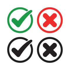Approval and Rejection Icon Set with Checkmarks and X Symbols in Green Red and Black Circles Vector