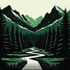 Serene Mountain Landscape with Winding River and Evergreen Forest.