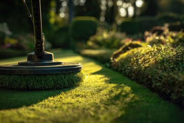 Close-up of a lawn care machine with a rotating brush, lush greenery in the blurred background