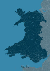 Map of Wales, featuring its geographical shape and road network. The map is rendered in shades of blue, with the landmass in a darker teal and the surrounding sea in a lighter blue.