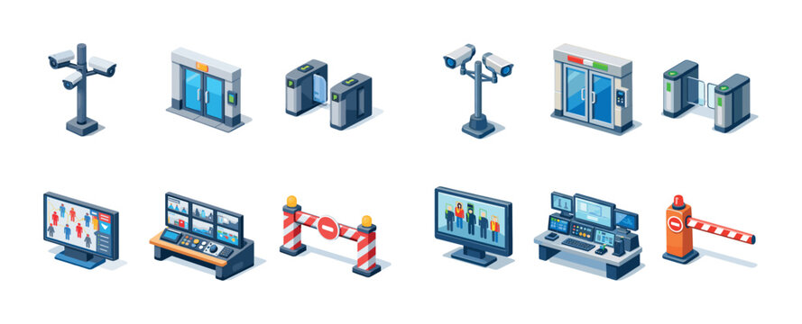 Isometric security system elements: cameras, barriers, control panels, monitors, gates