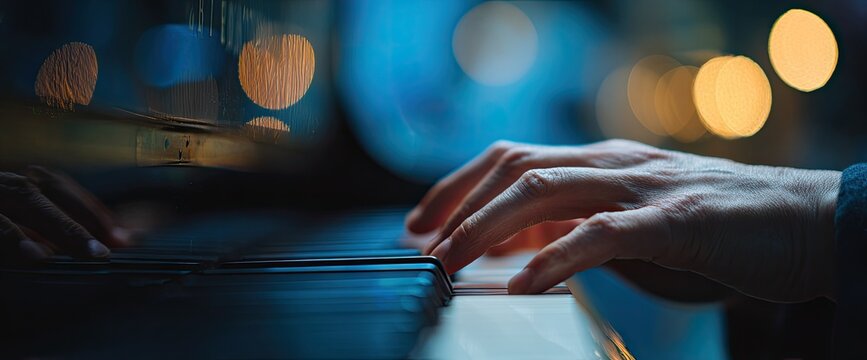 Close-up of hands playing an instrument with illuminated keys, blurred background, & soft lighting