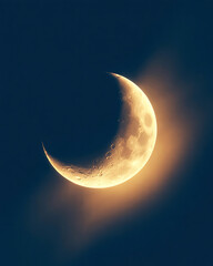 Stunning golden crescent moon shining brightly in dark blue night sky with ethereal glow