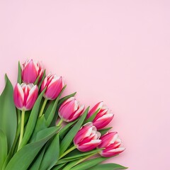 Fototapeta premium Bright pink tulips on light pink background