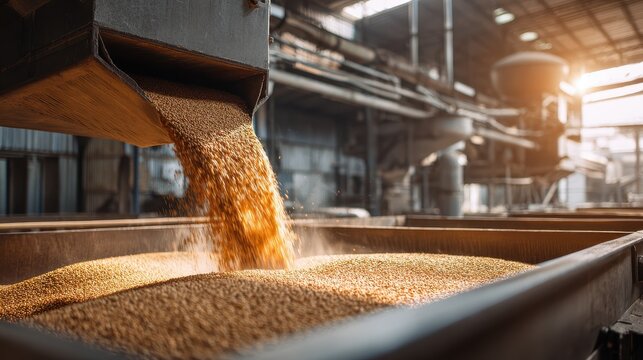 Wheat grain pouring from a chute into a storage container in an industrial processing plant