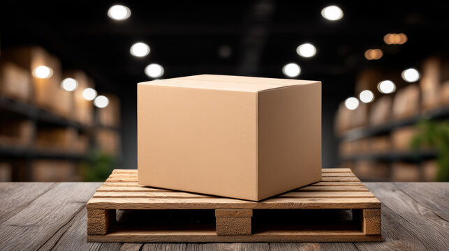 E commerce shipping box on wooden pallet in warehouse with warm lighting and storage aisles