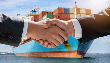 Business handshake partnership shipping container cargo trade export import agree cooperation logistics transportation freight vessel ship harbor port dock global commerce supply chain teamwork