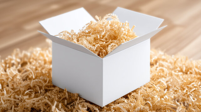 White open gift box with crinkle paper filling for e commerce packaging and unboxing delight