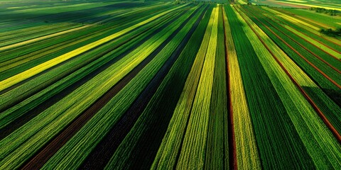 Obraz premium Aerial view of farmland showing vibrant green and yellow agricultural fields in a diagonal pattern