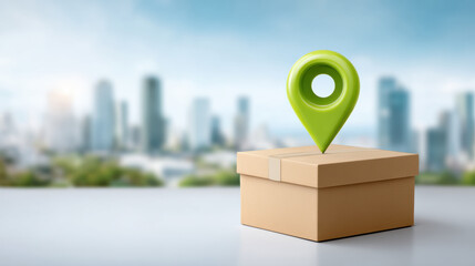 E commerce shipping box with green location pin on urban background conveying delivery tracking