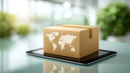 E commerce shipping package tablet global delivery concept with soft light and modern office vibe