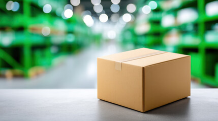 Cardboard box on warehouse table for e commerce packaging and shipping with blurred shelving