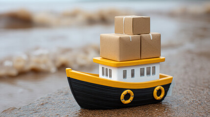 Small cargo boat with stacked cardboard boxes on deck e commerce shipping concept