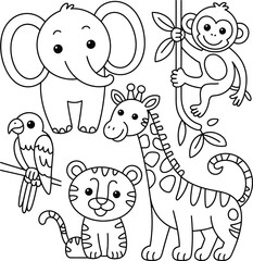 Black and white cartoon animals playing together elephant